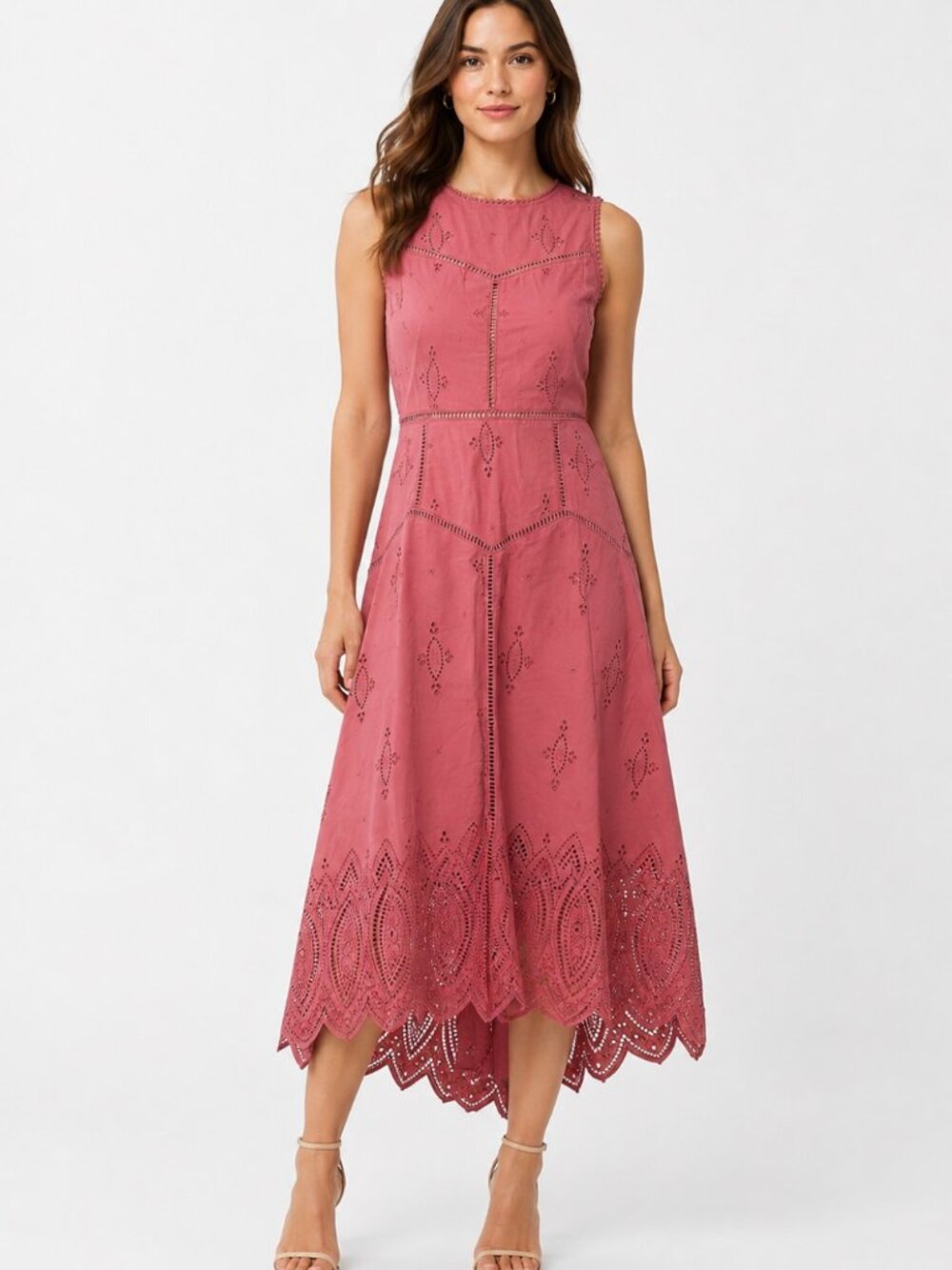 NWT $398 Joie Halone Eyelet Hi-Low Midi Dress Coral Pink Brunch Romantic Sz 4 - Picture 2 of 10